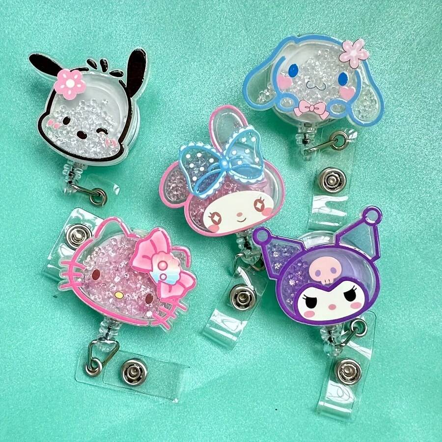 5pcs Sanrio Cute Floating Glitter Hello Kitty & Cartoon Character Retractable Badge Reel - Doctor/Nurse/Teacher/Office Badge - Multicolor - View 1