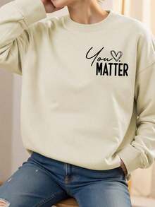 2026 Valentine Outfits For WomenWomen's Casual Everyday Commute Slogan & Heart Print Dropped Shoulder Loose Pullover Sweatshirt, Spring/AutumnLoose And Comfortablevalentine's Day - 杏色 - 查看 2