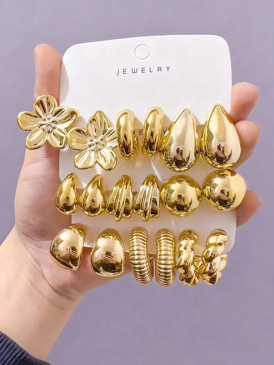 6/18pcs Fashionable Earring Set, Exaggerated Eternal Flower, Super Large C-Shape, Five-Petal Flower, Butterfly Series Earrings, Suitable For Daily Wear And Festivals, Women Earring Set - Gold - View 1