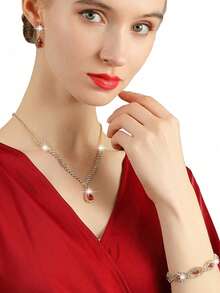 女士钻石首饰 闪耀奢华水钻首饰套装 闪亮项链耳环手链套装 雕花钻石软包 宴会手提包 女士手提包 宴会包 - 紅色 - 查看 3