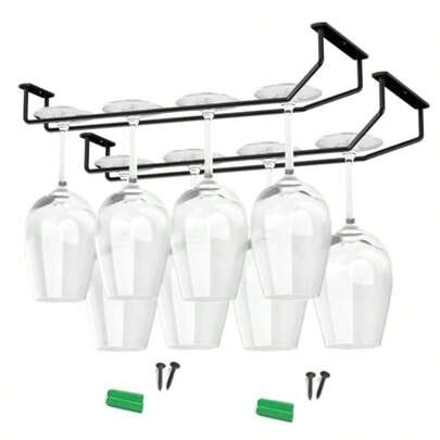 Black Under-Cabinet Hanging Stemware Rack - 13.3-Inch 33.8cm Space-Saving Glass Holder For Kitchen Cabinets Bar Countertop (Single Row 2PCS)