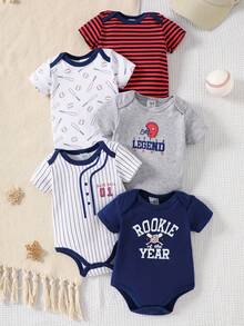Boys' 5-Piece Jumpsuit Set, Triangle Design, Short Sleeves, Baseball Sports Print, Soft And Comfortable Cotton Jumpsuit, Ideal For Outdoor Activities. - 淺灰色 - 查看 11