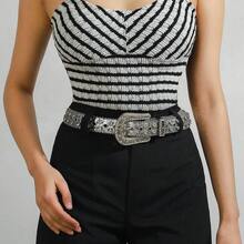 1 pieza Cinturón de mujer estilo europeo y americano de mezclilla con rhinestones, cinturón de cuero punk, accesorio de moda - Rosa - Ver 8