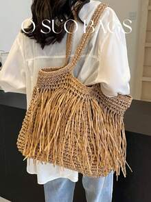 1pc Fashionable Casual Vacation Style Large Capacity Solid Color Hollow Paper Woven Tote Bag, With Big Tassel, Lightweight Foldable, Dual Handles, Women Paper Woven Beach Bag, Suitable For Vacation, Daily Commute, Shopping With Friends, Matches Well With Fashionable Outfits - Multicolor - View 6