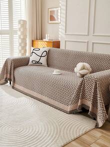 1pc Solid Color Sofa Towel Cover, Chenille Tasseled Sofa Slipcover Suitable For Living Room, Bedroom, Office, Home Decor, For 1/2/3/4 Seater Sofas - Coffee Brown - View 3