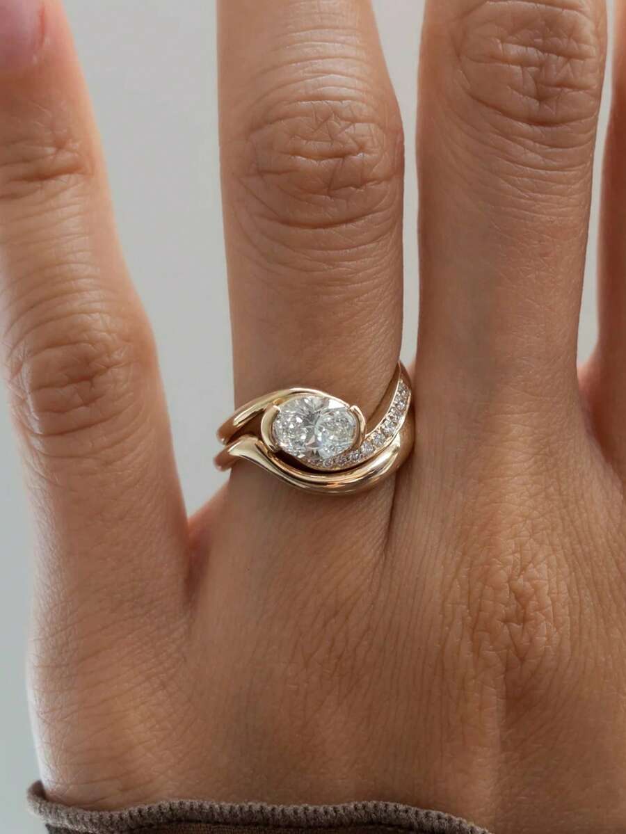 1件/套 925纯银扭臂半圆蛋形戒指，优雅珠宝礼品，适合女士，适合约会、派对、周年纪念日 - 金色 - 查看 1