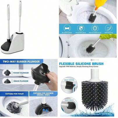 Juego Combinado 2 en 1 de Escobilla y Desatascador para Baño, Elimina Obstrucciones en Inodoro y Drenajes con Succión Fuerte, Base Compacta Antigoteo y Mango Largo