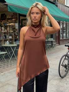 Women's Asymmetrical Halter Top Dressy Sleeveless Flowy Tank Tops Sleeveless Asymmetrical Halter Top High Neck Loose Fit Flowy Tank Top Backless Casual Dressy Blouse Shirts - 咖啡棕 - 查看 2