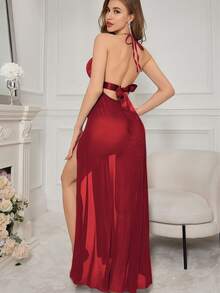 Sexy Lace Mesh Sheer Dress + Thong, Sexy Nightgown, High-Slit Maxi Dress, Lingerie, Dating Gift - Màu Đỏ Sâu - Xem 3