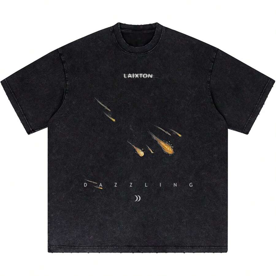 Laixton Men's Pattern T-Shirt Unisex Cotton Oversized T-Shirt Short Sleeve Retro Streetwear Casual T-Shirt Top Comfortable Washed Cotton T-Shirt - 時尚水洗黑色 - 查看 1