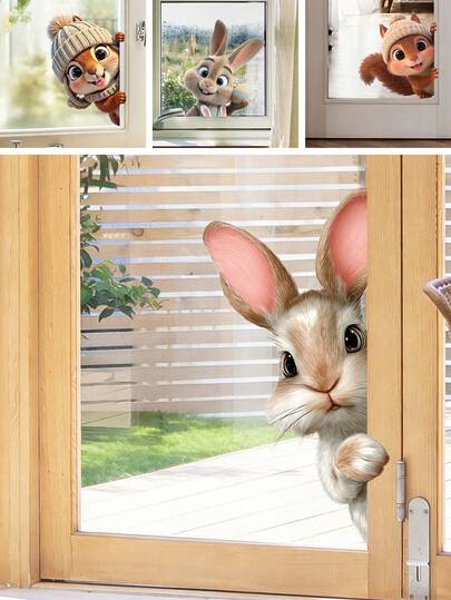 1Pc Cute Bunny Window Cling For Nursery, Removable Window Decals For Baby Room Decor, Cartoon Animal Window Clicks, Glass Wall Art For Kids Bedroom, Spring Easter Bunny Decorations