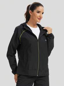 1件女士休闲防水连帽拉链口袋轻便外套，适合户外活动、徒步旅行、雨天穿着 - 黑色 - 查看 4