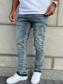 American Streetwear Vibe Flared Hem Split Hem Washed Straight Fit Stacked Jeans For Men - Medium Wash - View 4