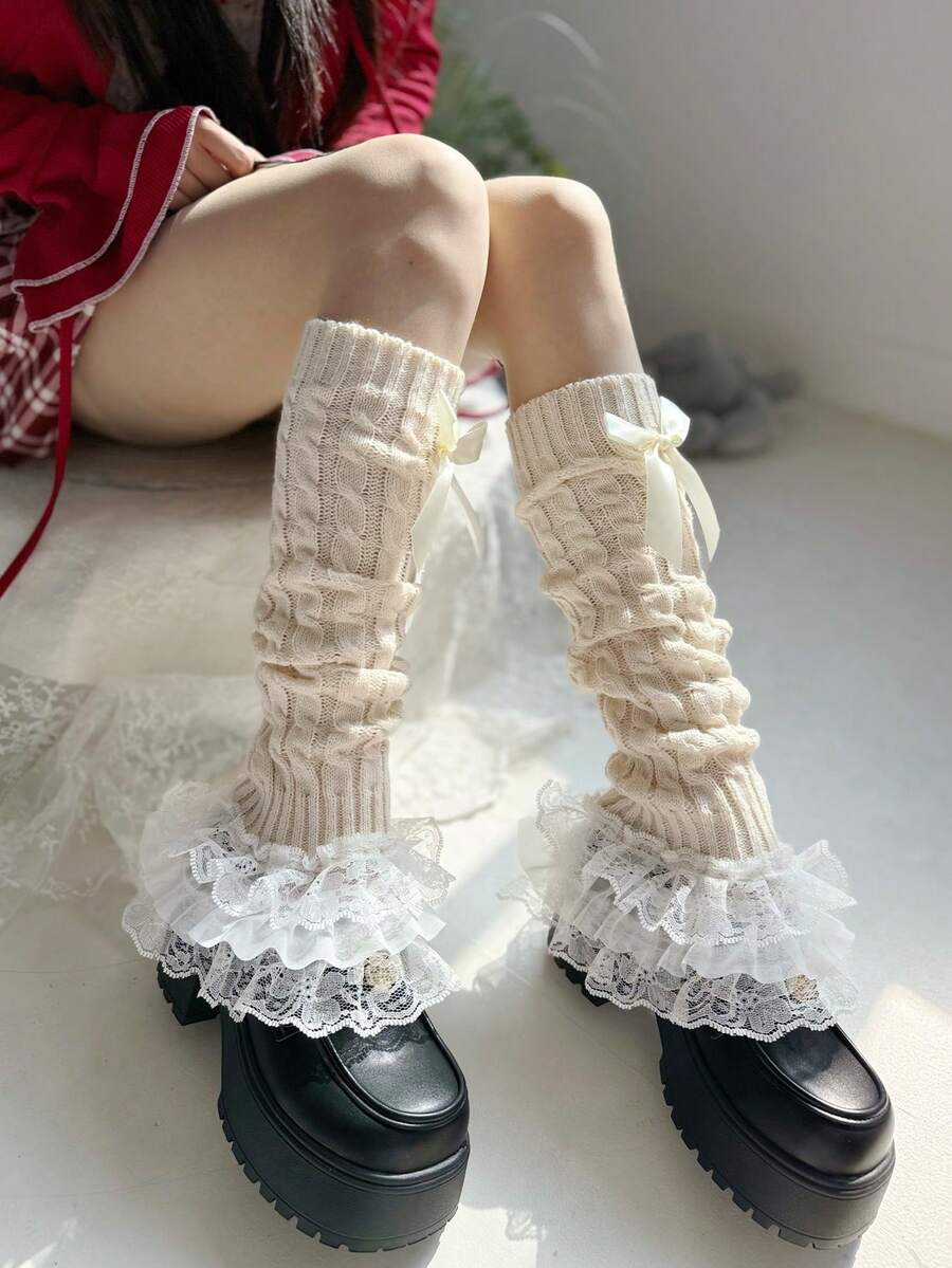 1 đôi tất giữ ấm chân kiểu Lolita màu be dành cho nữ, có nơ và ren, dệt kim. - Màu be - Xem 1