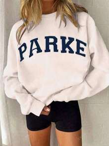 Women's Casual "PARKE" Letter Print Loose Pullover Sweatshirt, Encountering Lazy Fashion.2026 New Y2Y Style Casual Women's Sweatshirt - Versatile For Sports, Leisure, And Everyday Wear - 杏色 - 查看 2
