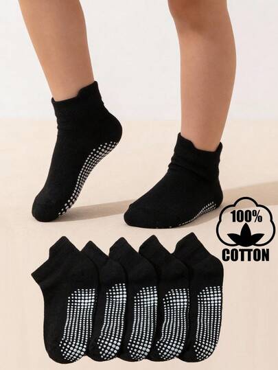 5 Pairs Cotton Children Anti-Slip Ankle Socks, Toddler Solid Color Dot Grip Floor Socks