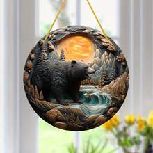 1 Piece, Black Bear Sun Catcher Round Wooden Wall Hanging (20cm*20cm/8 Inches*8 Inches), Wreath Ornament, Wreath Accessory Sign, Indoor Decoration, Beautiful Indoor Decor, Bedroom Decor, Home Decor, House Decor, Holiday Decoration, Decorative Gift