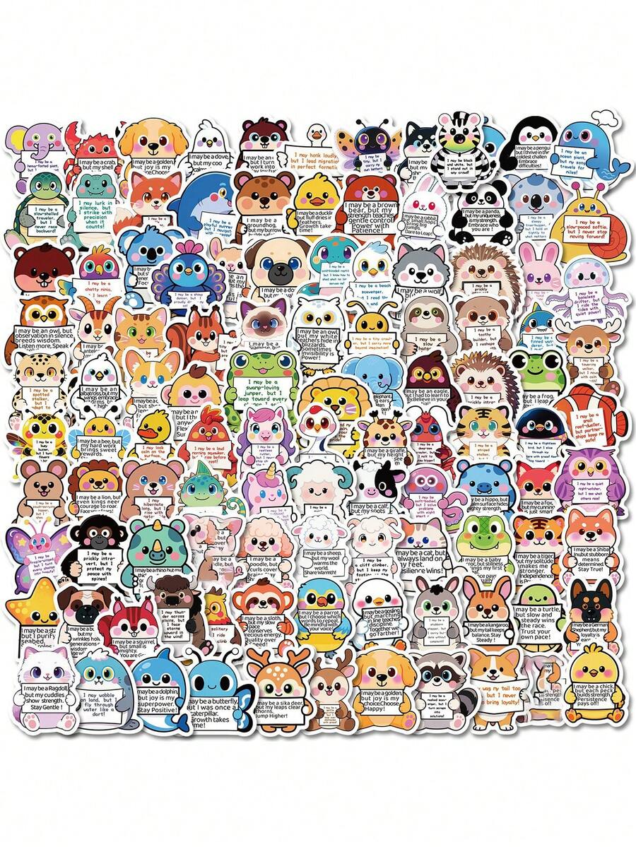 112 piezas Pegatinas de animales de dibujos animados lindos con citas inspiradoras, pegatinas decorativas DIY, pegatinas con frases motivacionales - Multicolor - Ver 1