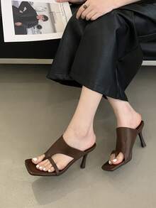 Retro Thong High Heel Sandals, Fashionable Square Toe Roman Style High Heels, Sexy Open Toe Slide Sandals For Women, Spring/Summer - Coffee Brown - View 7