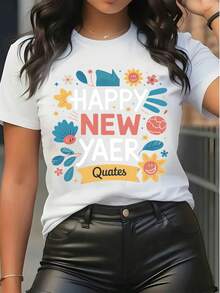 Camiseta gráfica de manga corta para mujer con estampado floral de Feliz Año Nuevo, camiseta casual con patrón de flores de sol y hojas de dibujos animados, de corte holgado y cuello redondo para fiesta de vacaciones - Blanco - Ver 6