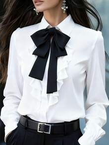 Women's Elegant Long Sleeve Blouse, White Tie Collar With Ruffle Detail And Black Bow Accent, Regular Fit Top, Suitable For Work, Spring, Autumn - White 1 - View 3