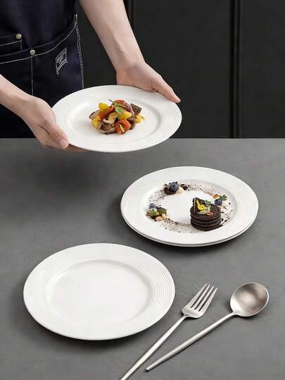 2/4 piezas Platos de cena de cerámica grandes y texturizados de 8.5 pulgadas, juego de platos de cerámica blanca pura, bandejas de servir redondas de cerámica para el hogar, restaurante, plato de ensalada, plato de bistec, plato de postre, plato de pasta, aptos para horno y microondas