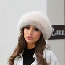 1PC Elegant Women's Artificial Fur Winter Hat - Comfortable And Warm Thick Mongolian Hat, Ear Protection, Fashionable And Simple Design, Cream/Brown/White/Black, Elastic Fit, Polyester Fiber, Hand Wash Only (Plush Winter Hat) - 奶茶色 - 查看 3