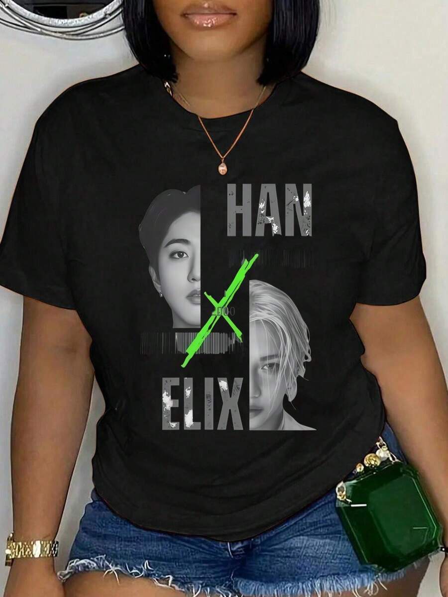 Camiseta de manga corta con cuello redondo, 100% algodón, diseño de retrato X Elix, moda urbana, transpirable y suave, unisex - Negro - Ver 1