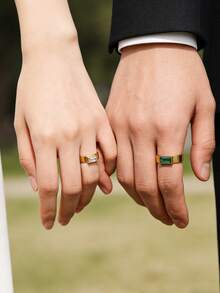 TONSI 1枚18K镀金不锈钢镶钻戒指，情侣戒指，结婚戒指，情人节礼物，情侣首饰礼盒，适合日常佩戴、通勤、婚礼，送给朋友和爱人的礼物