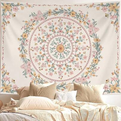 1件波西米亚风格挂毯，饰有米色花卉图案和曼陀罗花卉设计，非常适合波西米亚风格卧室装饰，复古墙挂横幅，适用于客厅、卧室、宿舍和其他家居空间。