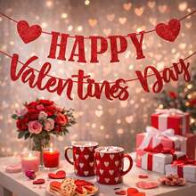 Happy Valentine's Day Banner Decor, Red Glitter Heart Wreath For Valentine's Day Party, Wedding, Romantic Home Decoration - Multicolor - View 6