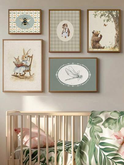 1 st canvastavla - Bedårande djur: Björn, kanin (läser i gungstol), trollslända och valp Barnrumskonst i vintagestil: Tavelvägg i lantlig stil Babyartiklar - Inramad väggkonst för barnrum Perfekt för lekrumsinredning Barnrumsinredning, barnomsorgsinredning, förskoleinredning Pojkrumsinredning Flickrumsinredning