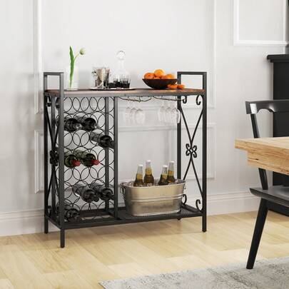  COSTWAY 21-Bottle Wine Rack, Wine Bar Table With 6-Glass Wine Glass Holder, Mesh Storage Shelf, Freestanding Liquor Bar Cabinet, Retro 7-Tier Wine Bottle Display Stand For Dining Room, Cellar, Brown