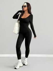 AITYI Studio Women's Jumpsuit, Slim Fit, Casual U-Neck Solid Color Design, Fashionable And Sexy Slim Fit, Comfortable For Outdoor Sports, Versatile And Practical, Suitable For Graduation Ceremony, New Year, Valentine's Day, Autumn/Winter Season. Elastic Knit Long Sleeve Slim Fit Jumpsuit - Black - View 7