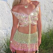 Awevudst Women Crochet Knitted Sequin Butterfly Crop Tops Off Shoulder Halter Deep V Neck Tie Front Backless Lace Up Tank Tops Shiny Glitter Beaded Vest Summer Holiday Beachwear Y2K Streetwear Party Clubwear - 淺綠 - 查看 4