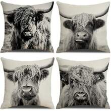 4pcs Highland Cow Pattern Pillow Case Decor Set - Western Style Decorative Pillows, Suitable For Home Sofa And Room Decor, Single-Sided Print, Pillow Insert Not Included - Dark Grey - View 11