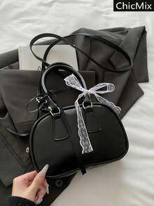 Bolso de mano de unicolor personalizado y de moda, sin accesorios colgantes, decoración de pañuelo de seda suave y lisa, bolso cruzado para mujeres, adecuado para compras, carteras, compras, mujeres jóvenes, estudiantes universitarios, recién llegados y trabajadores de cuello blanco. Son muy adecuados para oficinas, universidades, trabajo, negocios, viajes al trabajo, actividades al aire libre, viajes y salidas. - Negro - Ver 2