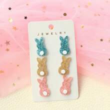 3 Pairs Easter Acrylic Bling Bling Rabbit Ear Studs, Cute Rabbit Tail Earrings Set, Holiday Gift For Women - Multicolor - View 7