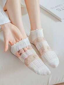 5双装女士春夏水晶拼接花卉图案时尚透气短袜