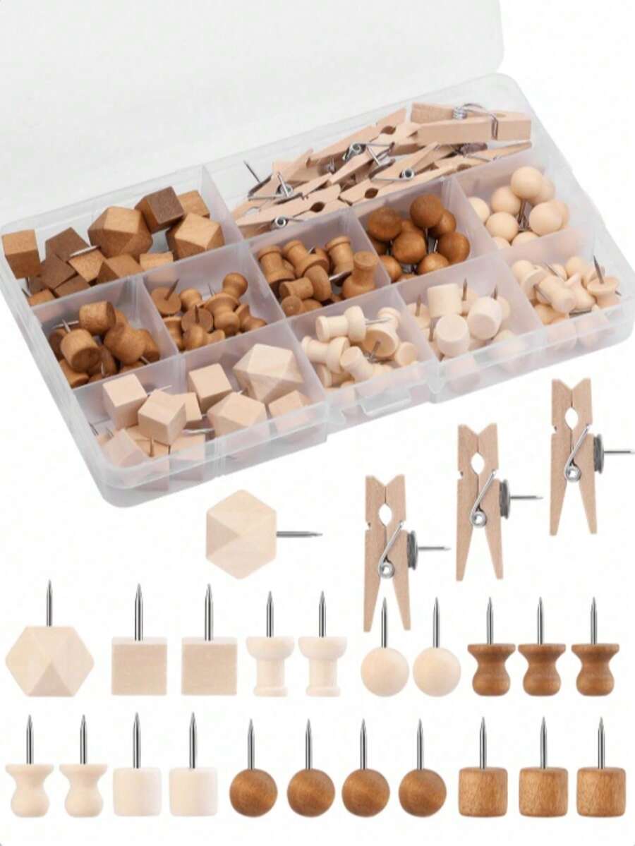 1 Set Wooden Push Pins, Including Square Pins, Angle Pins, Cylinder Pins, Etc. For Fixing Photos, Postcards