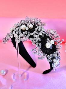 1pc Handmade Crystal Flower Headband, Elegant Pearl Wide-Banded Headpiece Suitable For Brides, Weddings, Celebrations, Gifts, Dates, Casual Wear - Black - View 9