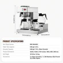 12 tazas cafetera de goteo comercial, cafetera con 3 carafas de vidrio y 3 placas más calientes, acero inoxidable para verter sobre la cervecera de café con ingesta de agua automática, para el restaurante de la oficina del café - Hay agua caliente - Ver 7