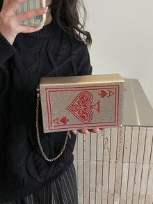 New Fashionable Diamond-Studded Playing Card Evening Bag, European And American Style Full Rhinestone Small Square Bag, Crossbody Bag With Chain Strap. Women's Bag In Champagne Gold With Box-Shaped Playing Card Logo Design, Top Metal Chain Design, Strong Magnetic Closure, Adjustable For Shoulder, Crossbody, Or Hand-Carry Wear - Champagne - View 5