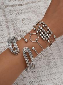 4pcs Minimalist Punk Style Metal Geometric Beaded Bracelet Set, Unisex Suitable For Sisters, Couples, Casual, Party, Wedding, Birthday Gift For Girlfriend, Mom - Silver - View 9