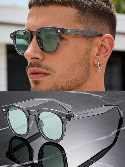 1 Nuevo par de gafas de moda con montura pequeña y decoración de PC en estilo retro y con remaches, de moda versátiles y de alta gama para conducir y protegerse del sol