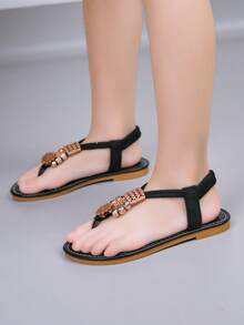 1 Pair Girls Flat Sandals, 2026 New Bohemian Style Simple Thong Sandals, Quick-Drying Beach Sandals For Daily & School Wear - Black - View 6