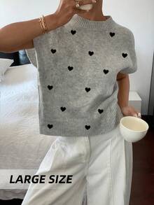 Women's Summer New Slimming Casual Loose Fit Heart Print Crew Neck Sleeveless Knit Top, Versatile Daily Wear - Grey - View 1