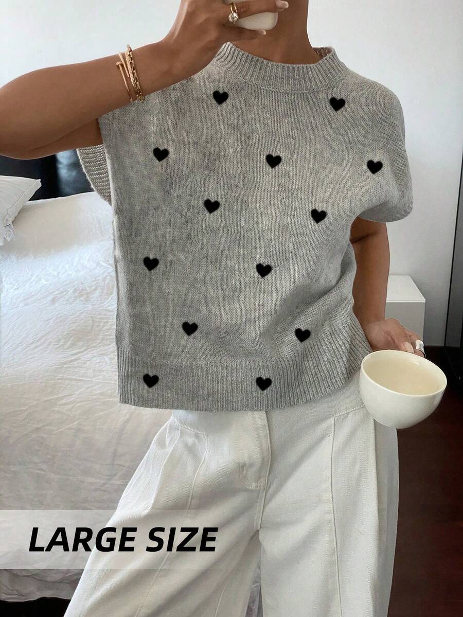 Women's Summer New Slimming Casual Loose Fit Heart Print Crew Neck Sleeveless Knit Top, Versatile Daily Wear - Grey - View 1