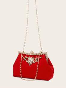 女士钻石首饰 闪耀奢华水钻首饰套装 闪亮项链耳环手链套装 雕花钻石软包 宴会手提包 女士手提包 宴会包 - 紅色 - 查看 7