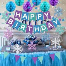 Winter Frozen Birthday Party Drations For Boys Girls, Pre-Strung Blue-Purple Happy Birthday Banner With Honeycomb Balls, Snowflake Hanging Swirls Streamers, Circle Do Garland, Triangle Pennant - abricot - Voir 2